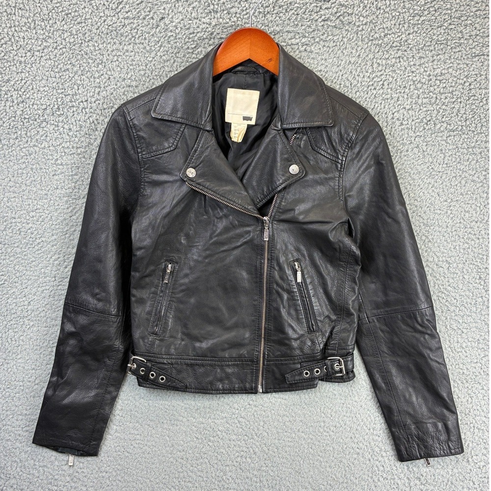 Levis Asymmetrical Moto Biker Jacket Womens S Black Leather Belted Zip Grunge